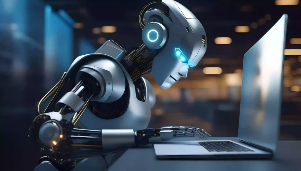 A robot typing on a computer. One of the Mistakes to Avoid When Using AI for Romance Plots is letting it type everything without a human touch.