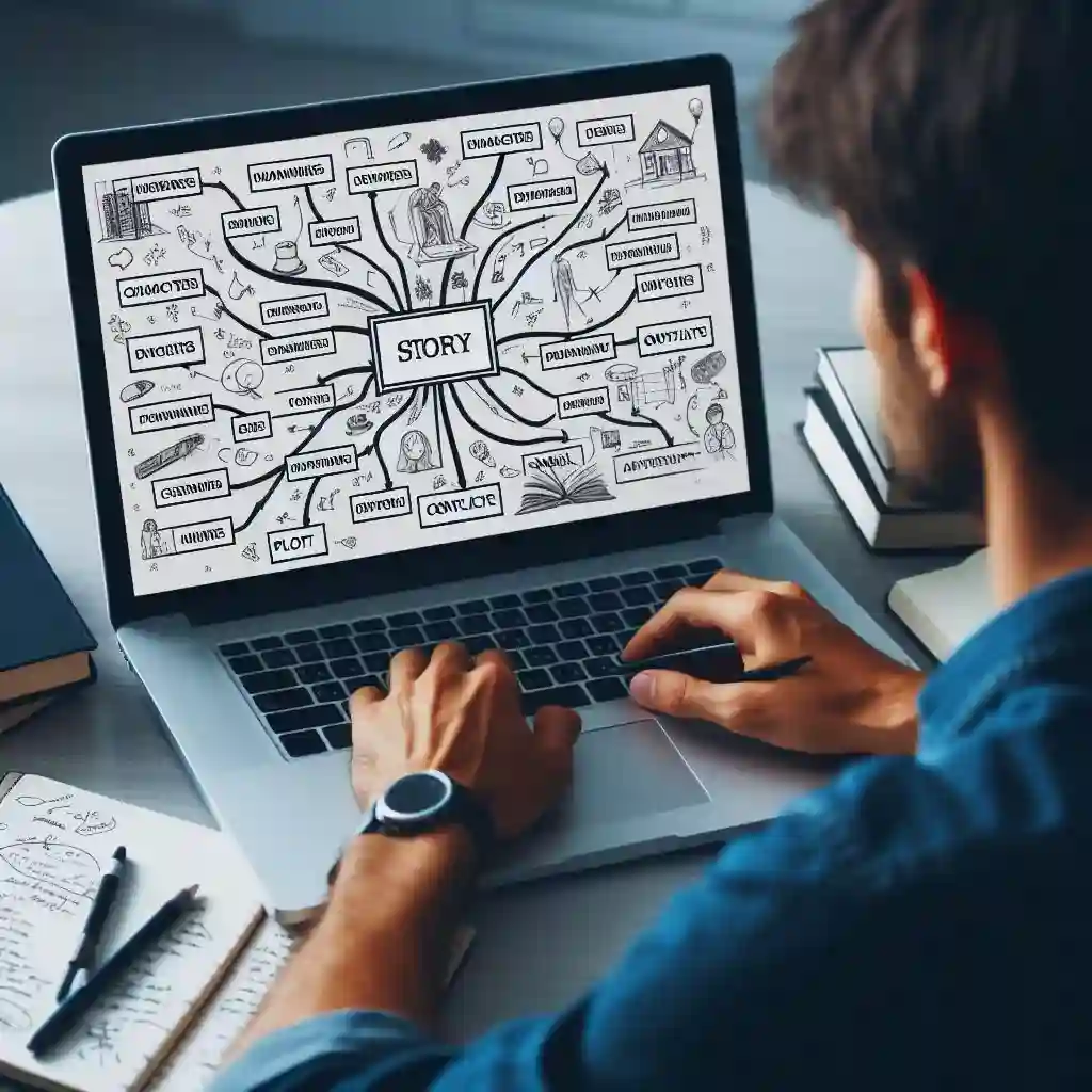 Writer combines AI plot suggestions (mind map) with human creativity (notes)