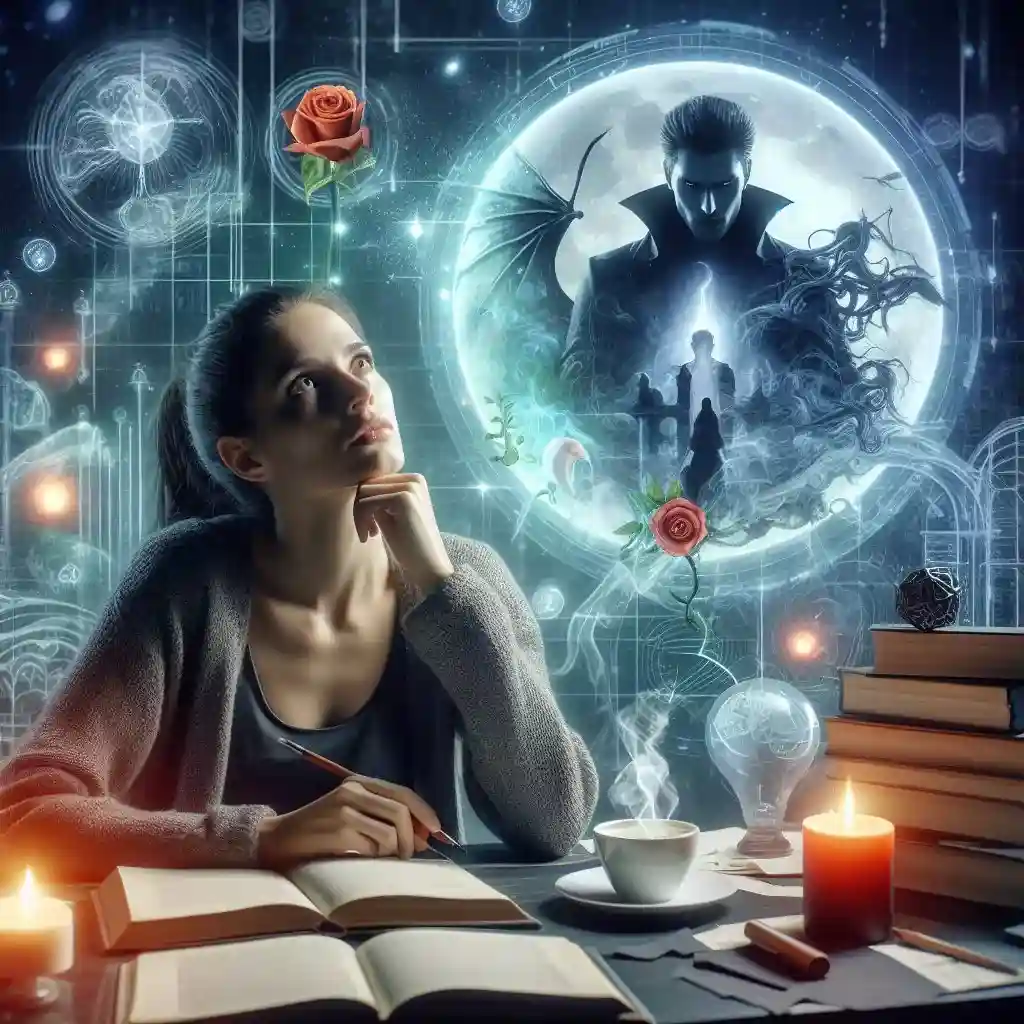 Writer using AI to brainstorm paranormal romance novel ideas, with digital screen showing fantastical elements.