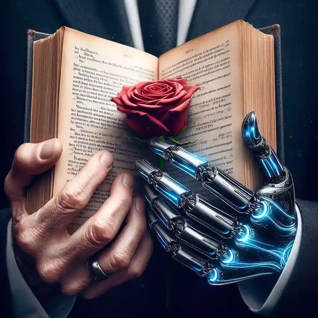 Human and robotic hand hold open a book with a rose, symbolizing the merging of AI and human creativity in crafting love stories.