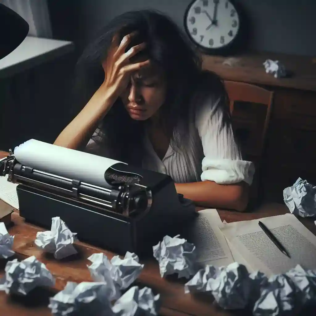 Frustrated writer hunched over desk with crumpled papers, symbolizing the challenge of writer's block and inconsistency faced by human authors.