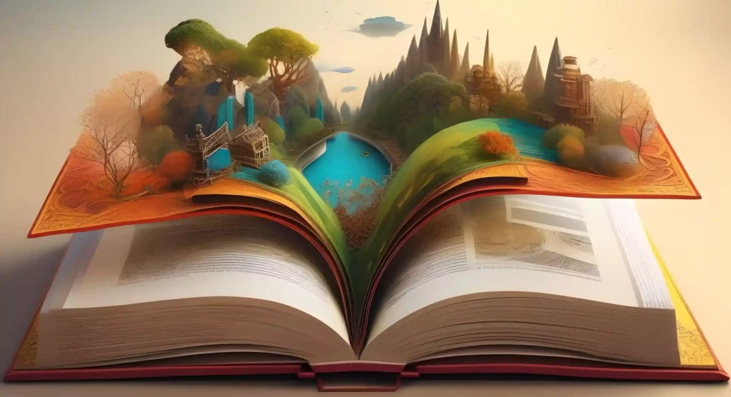 Open book with fantastical landscapes emerging, gears and lines symbolize worldbuilding expansion and connection.