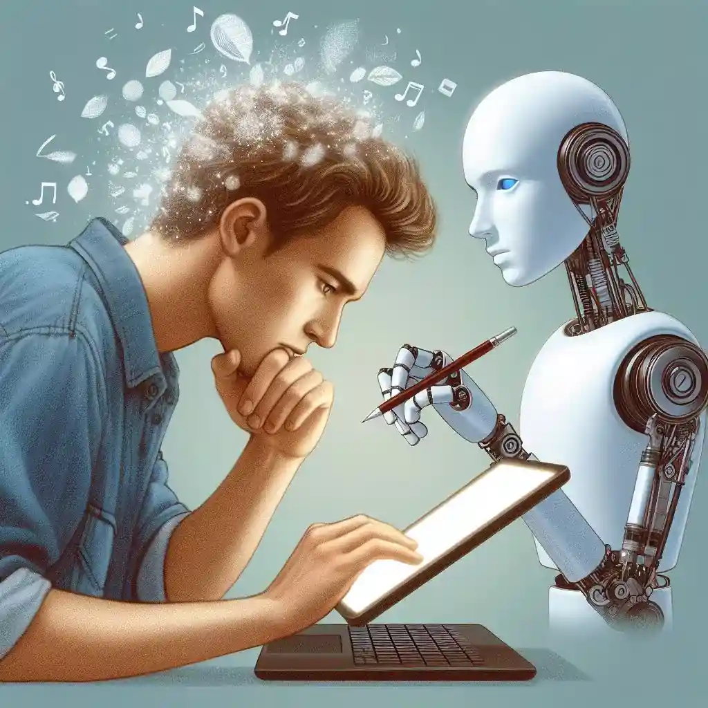 In image showcasing AI-human writer collaboration to craft engaging love stories. 