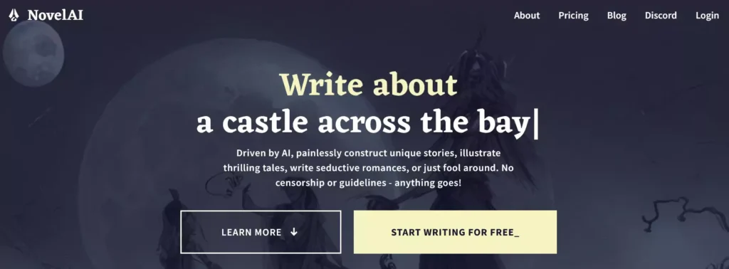 Novel AI: AI writing assistant designed for fantasy novelists. Explore character ideas, plot hooks, and world-building features."