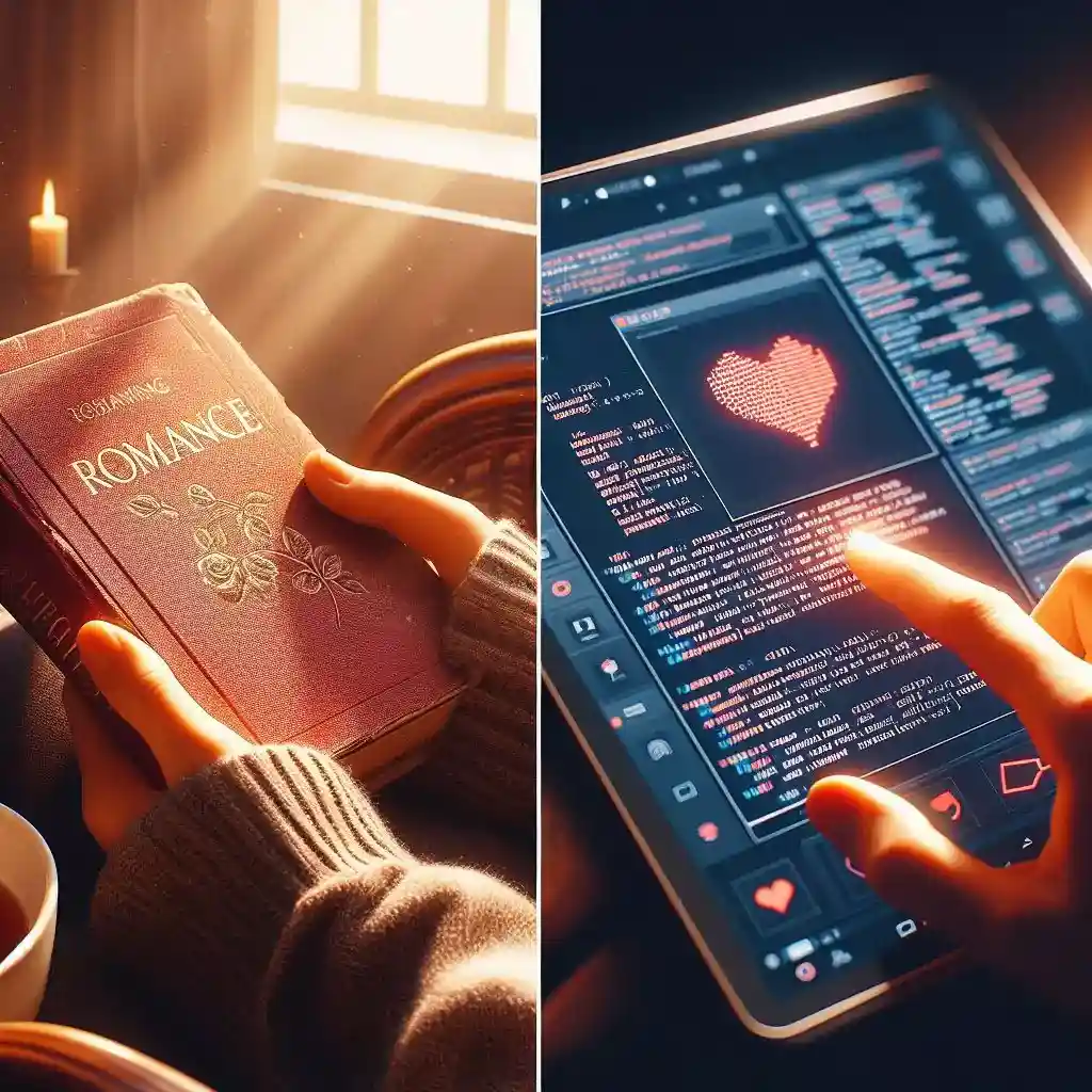 Two worlds collide: A human hand holds a classic romance novel, while AI code crafts a digital love story. Is AI the Future of Romance Writing?