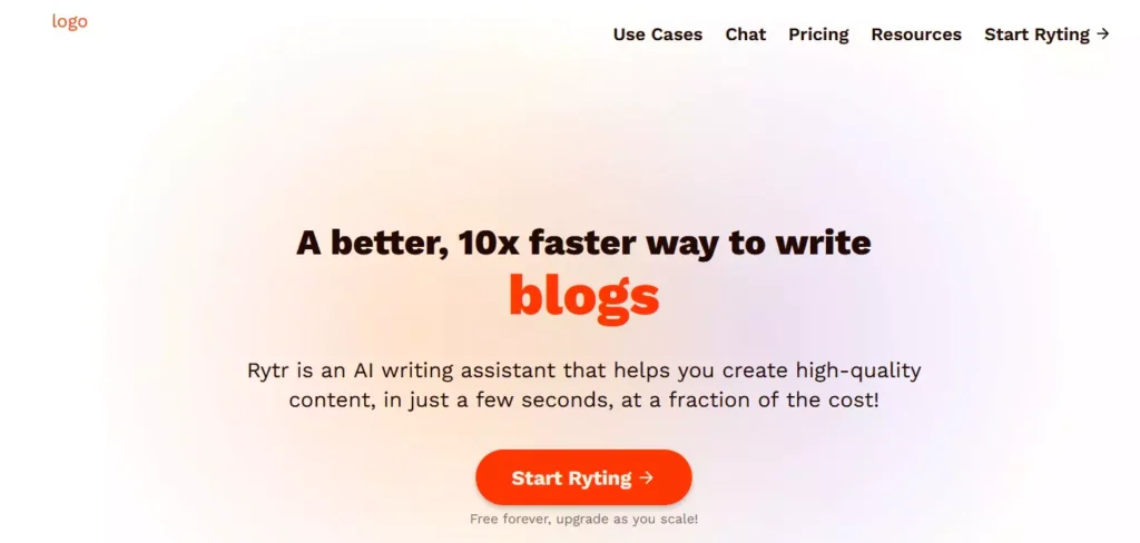 rytr.me landing page: AI writing tool for fantasy & romance content, long-form content, character & plot development.