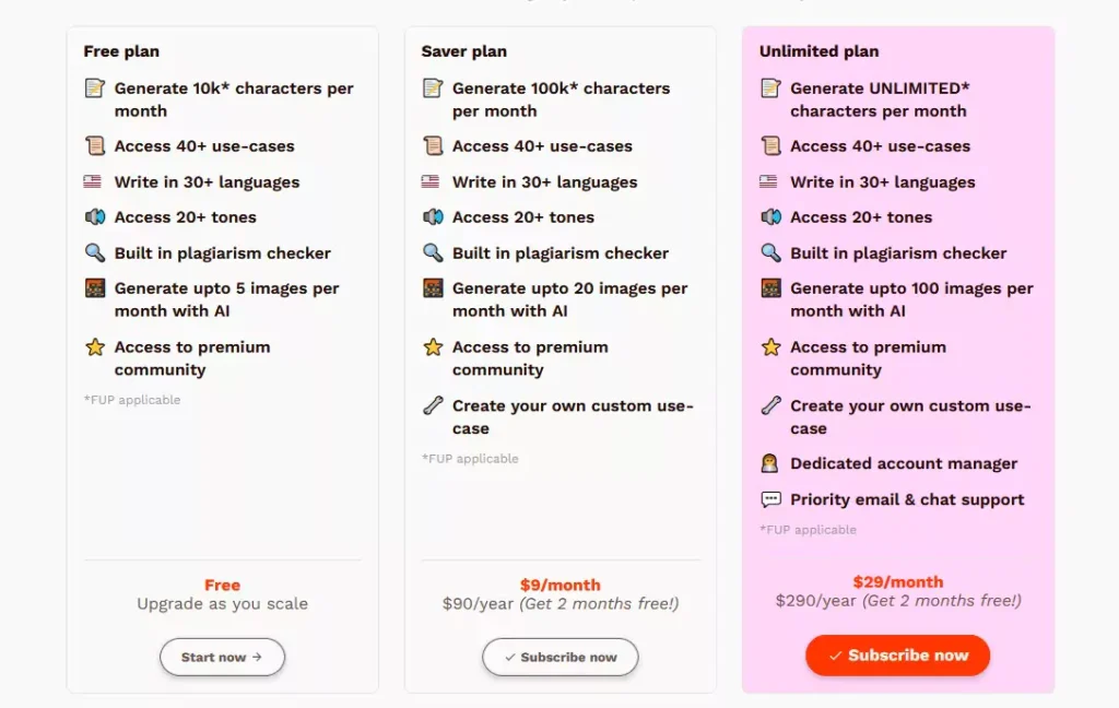 Rytr pricing table: Free plan, Saver ($9/month), Unlimited ($29/month). Generate long-form fantasy & romance content.