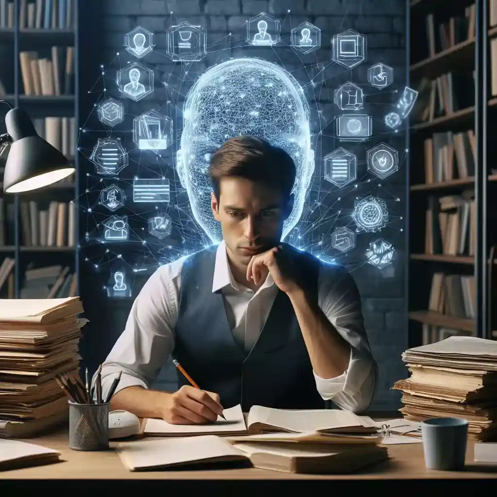 Writer surrounded by papers with AI interface above suggesting story prompts and character names