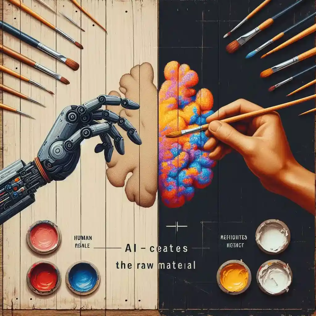 Robotic hand paints (AI creates), human hand refines (human writes), depicting AI-human collaboration in storytelling