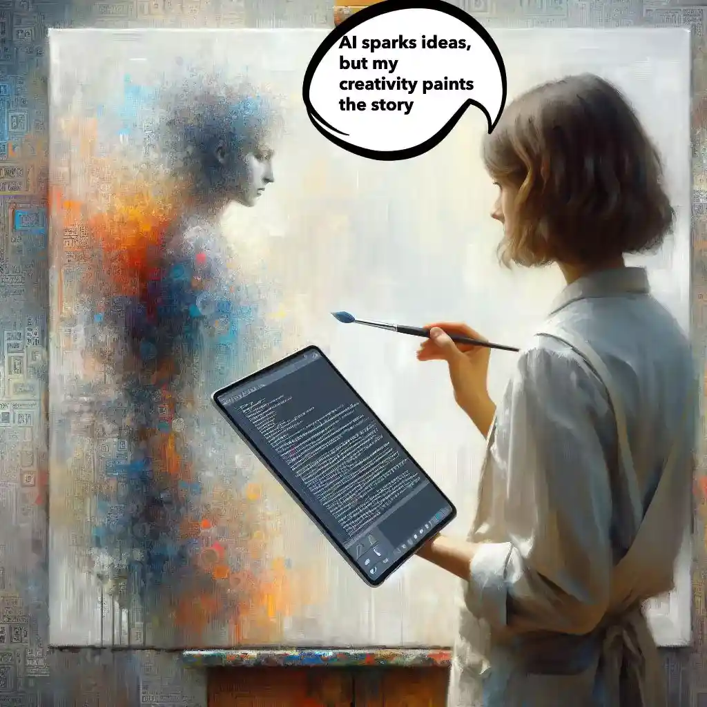 Romance Writer (Painter) uses Digital Tablet (AI) for Ideas, but Looks at Canvas (Story) with Determined Creativity.