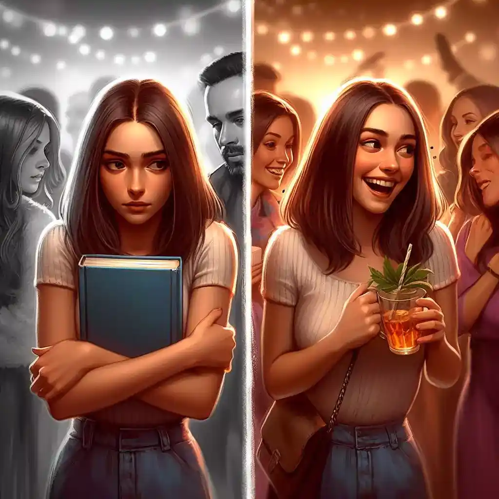 Split image: Shy woman at party vs. confident woman, showing AI's role in character consistency.