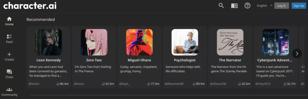 AI platform for creating and interacting with AI characters, promoting story development.