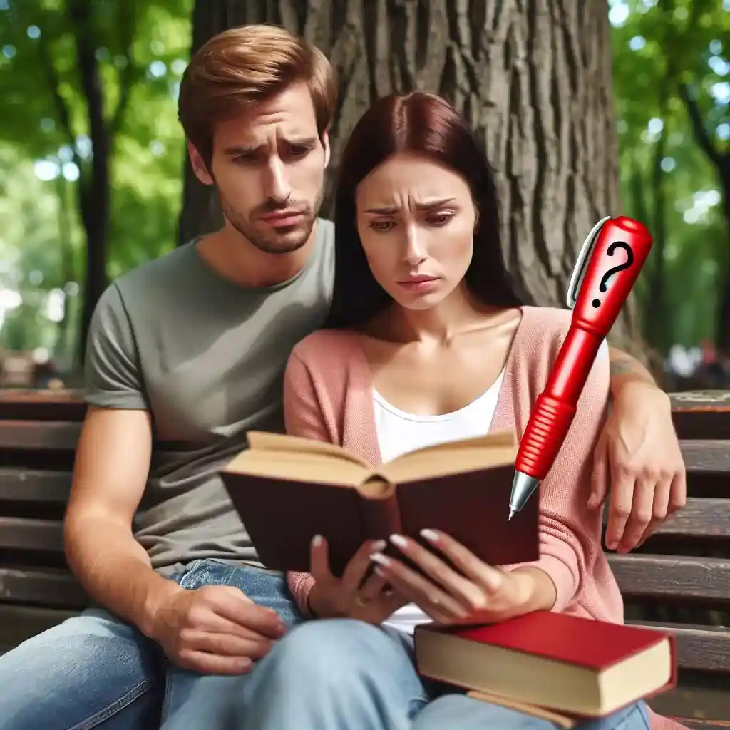 Couple reading on park bench, frustrated by grammar error in book (red pen with question mark).