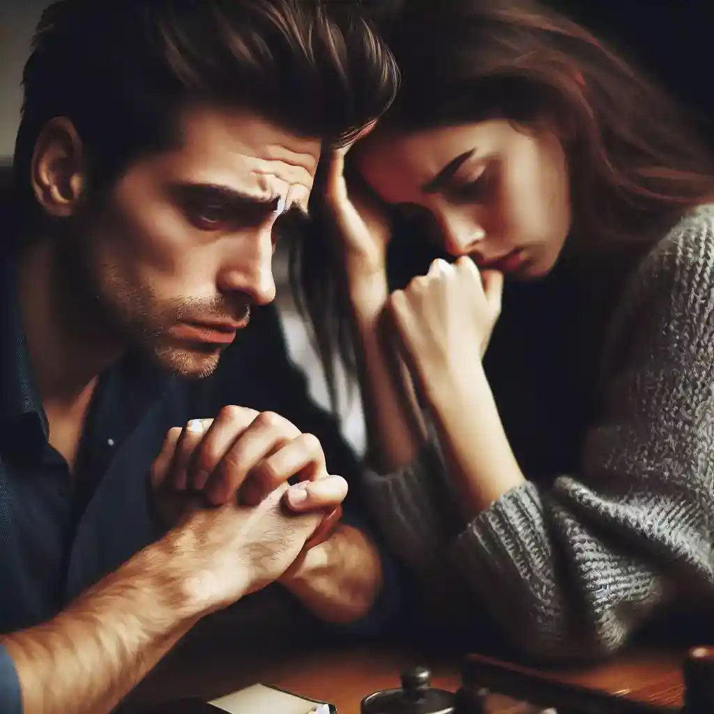 Worried couple at table, conveying the importance of emotional depth in AI-powered romance novels.