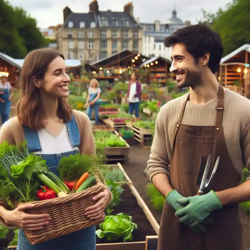 Two characters (male and female) connect over gardening, symbolizing shared values and budding romance