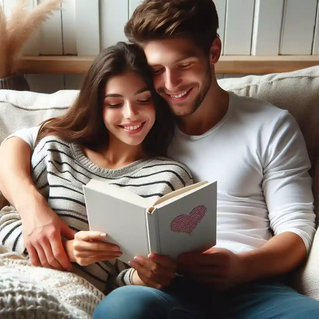 Couple cuddling on couch, reading romance novel together (smiling, happy).