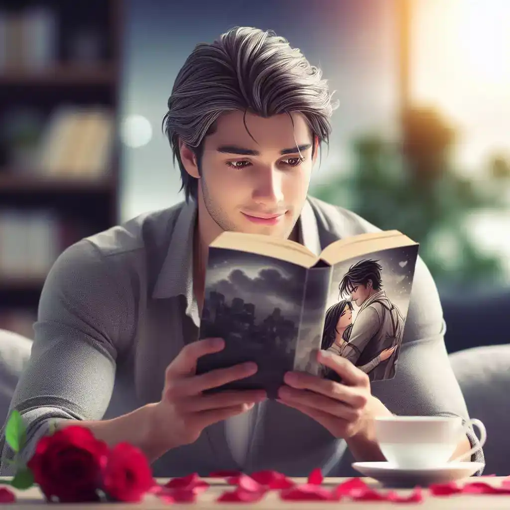 A young man reading a romance novel, immersed in the story. AI and romance writing: Can algorithms capture love?