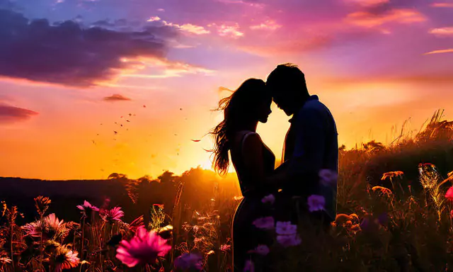 Silhouettes of a couple embracing in a sunset field of wildflowers. Find ways to humanize AI text in romance writing.