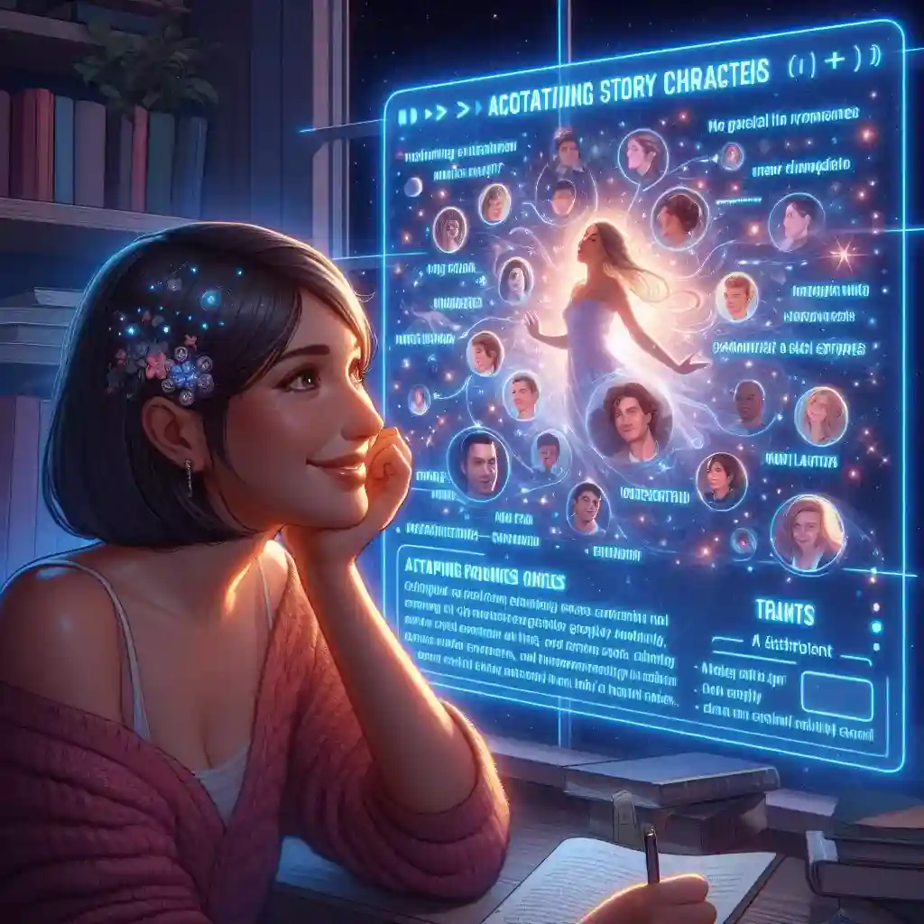 An author smiles as she use AI to improve character development in romance novels as she crafts unique personas deeply resonating with romance readers
