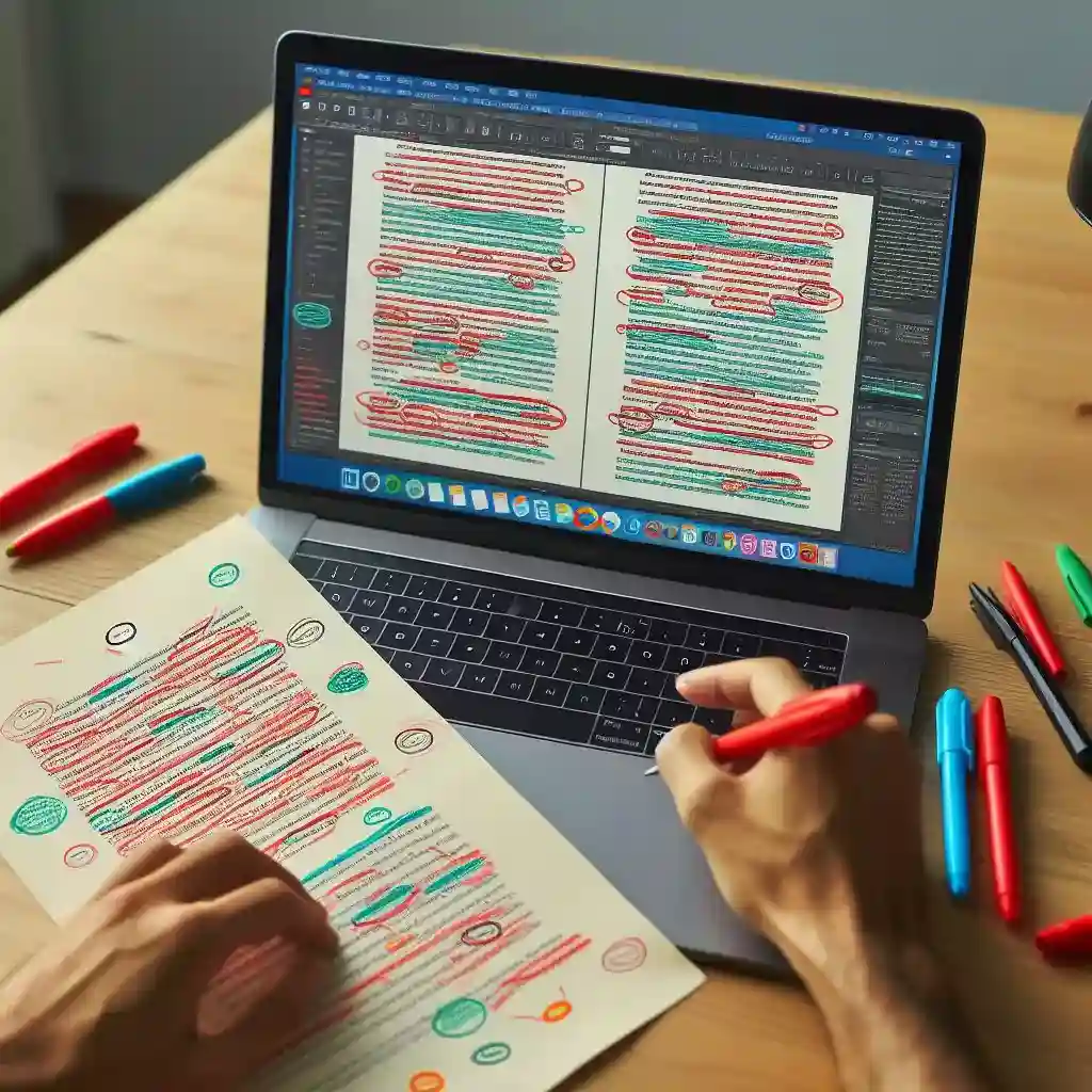 Editing desk with laptop showing highlighted manuscript & printed version with red pen edit