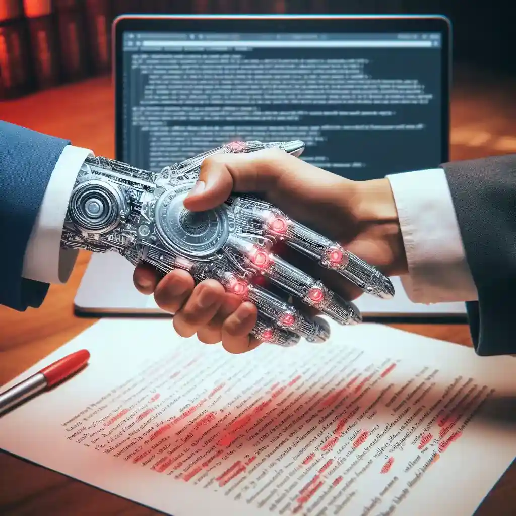 Human handshakes with AI hand (digital), symbolizing writer-AI editing collaboration