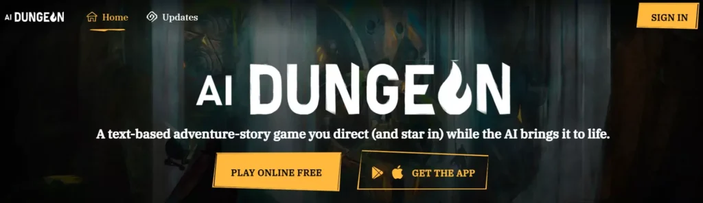 AI Dungeon text-based adventure game. Choose your path, craft your love story, and develop characters through interactive fiction.