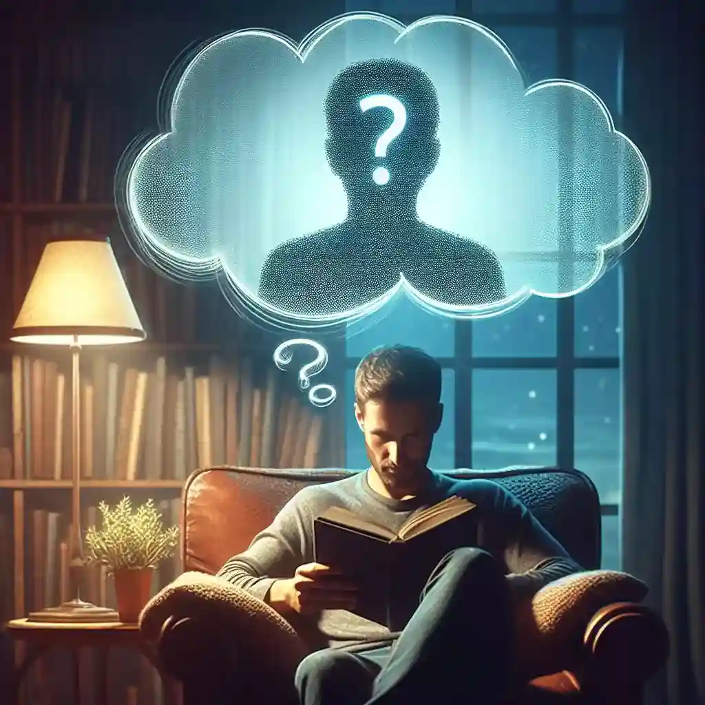 Illustration of a person reading a romance novel with a thought bubble showing a silhouette and question mark, symbolizing the disconnect with AI-generated stories.