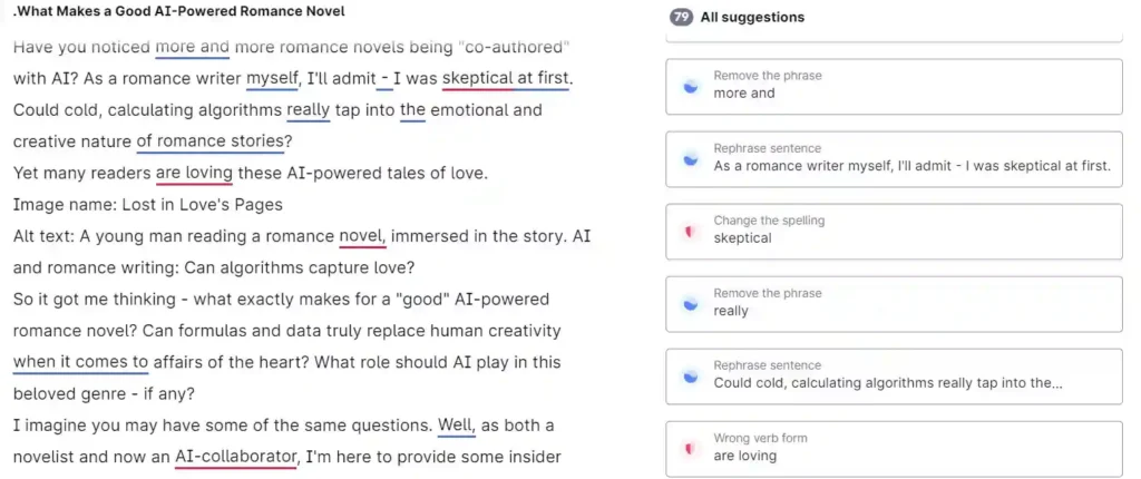 AI editing tool checks grammar & suggests improvements for romance novels (Grammarly). 