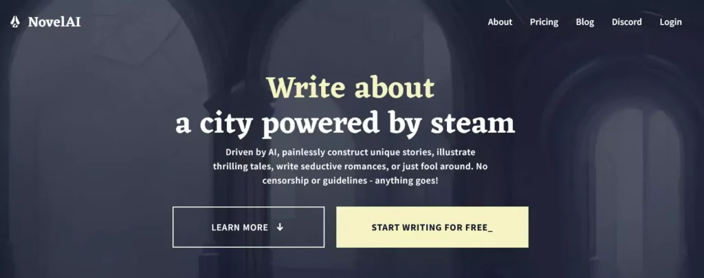 NovelAI landing page: A platform to craft compelling fiction, story ideas, characters, and worlds with AI.