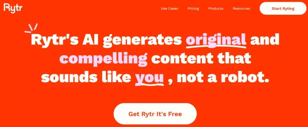 Rytr homepage: AI writing assistant helps develop captivating characters for love stories. Offers descriptions, personality traits, and dialogue prompts.