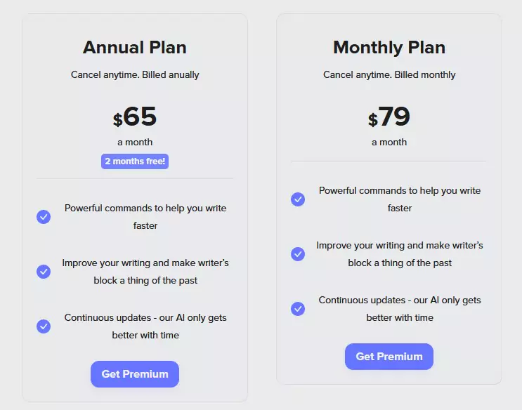 ShortlyAI pricing: Monthly ($79/month) and Annual ($65/month) plans.