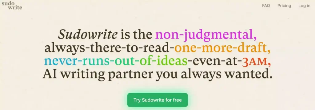 Sudowrite landing page: AI writing assistant for brainstorming paranormal romance ideas, writing descriptions, and getting feedback on prose.