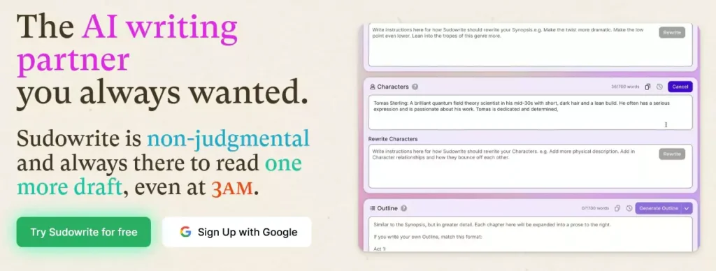 Sudowrite AI writing tool helps novelists develop characters with emotional depth, motivations, and realistic dialogue.
