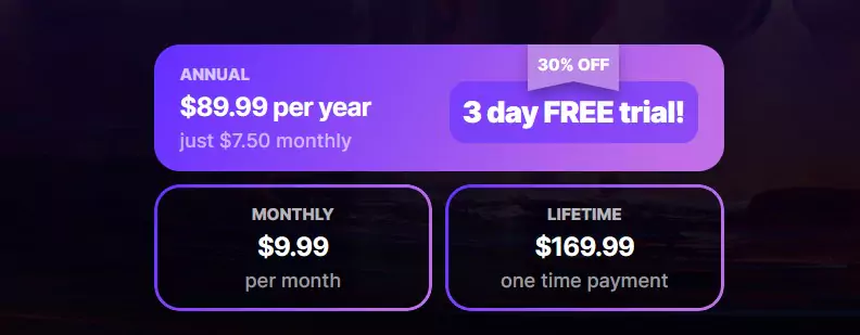 Dream by WOMBO pricing: Free trial, Monthly ($9.99), Annual ($7.50/month), Lifetime ($169.99).