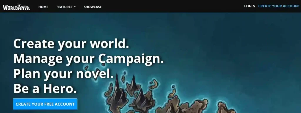 WorldAnvil landing page: Build and manage your world for writing, featuring characters, locations, and history.