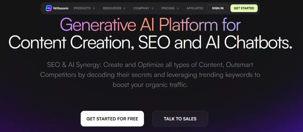 Writesonic landing page: AI writing platform for content creation, SEO, and chatbots.