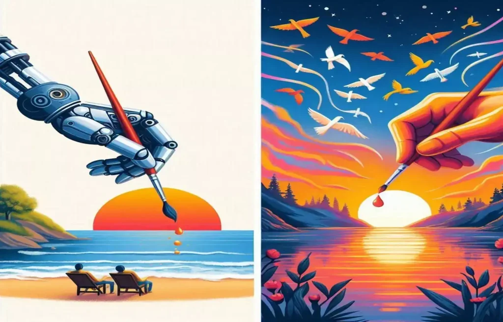 Split image. Left: Robotic arm paints generic sunset. Right: Human hand personalizes the scene.