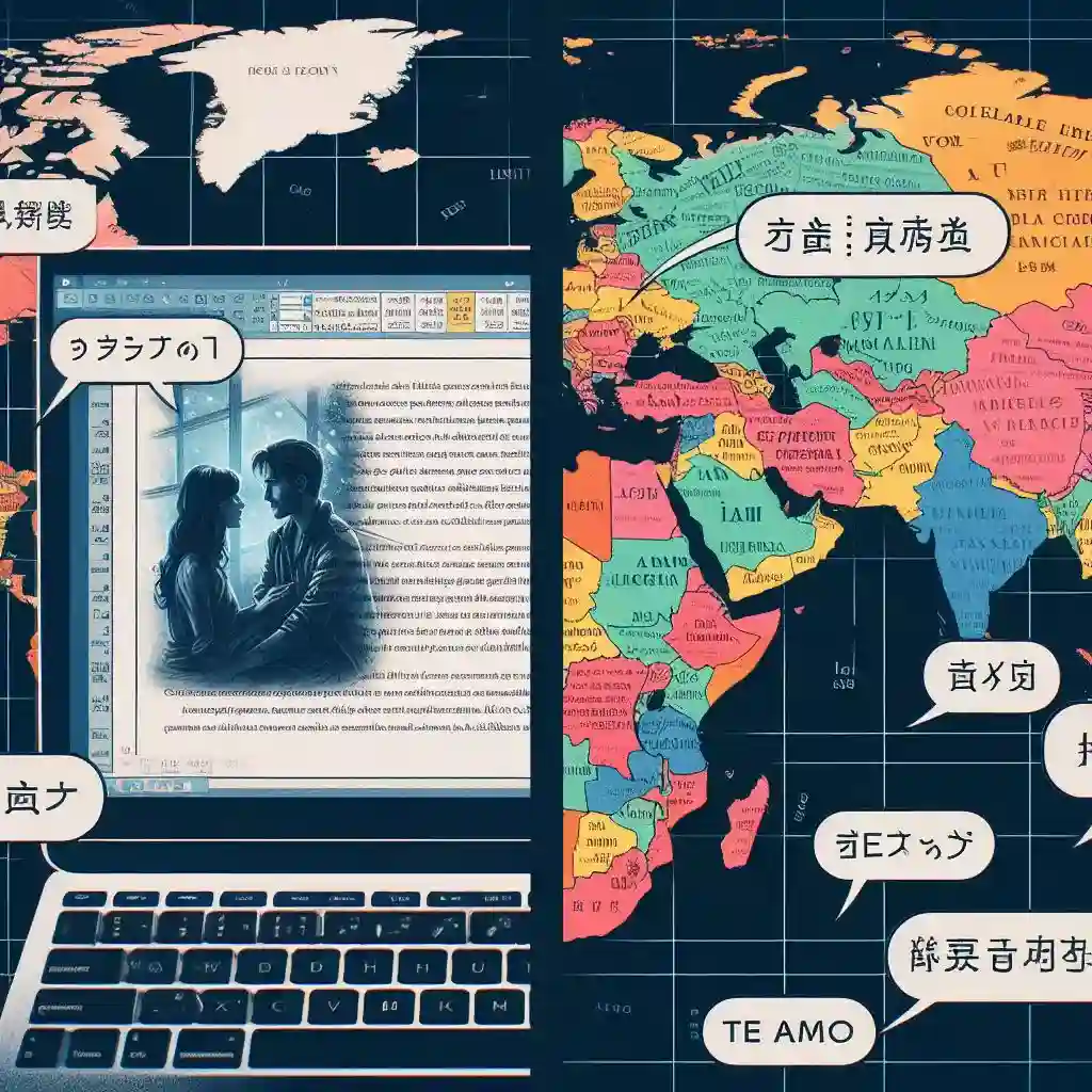 Romance novel on screen, world map with love phrases - AI translation unlocks global audience for writers