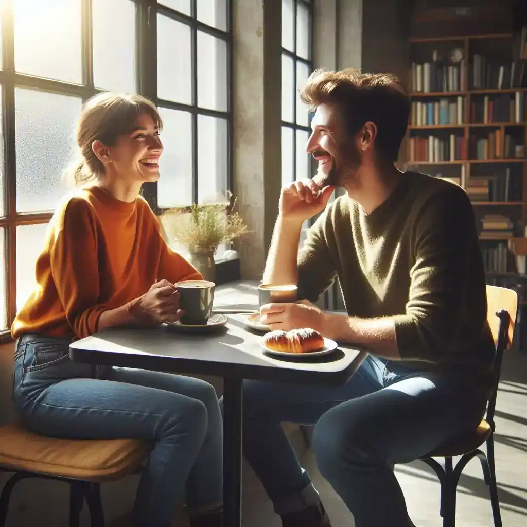 Friends chat over coffee in a sunny cafe. Warm atmosphere, laughter, delicious pastry.