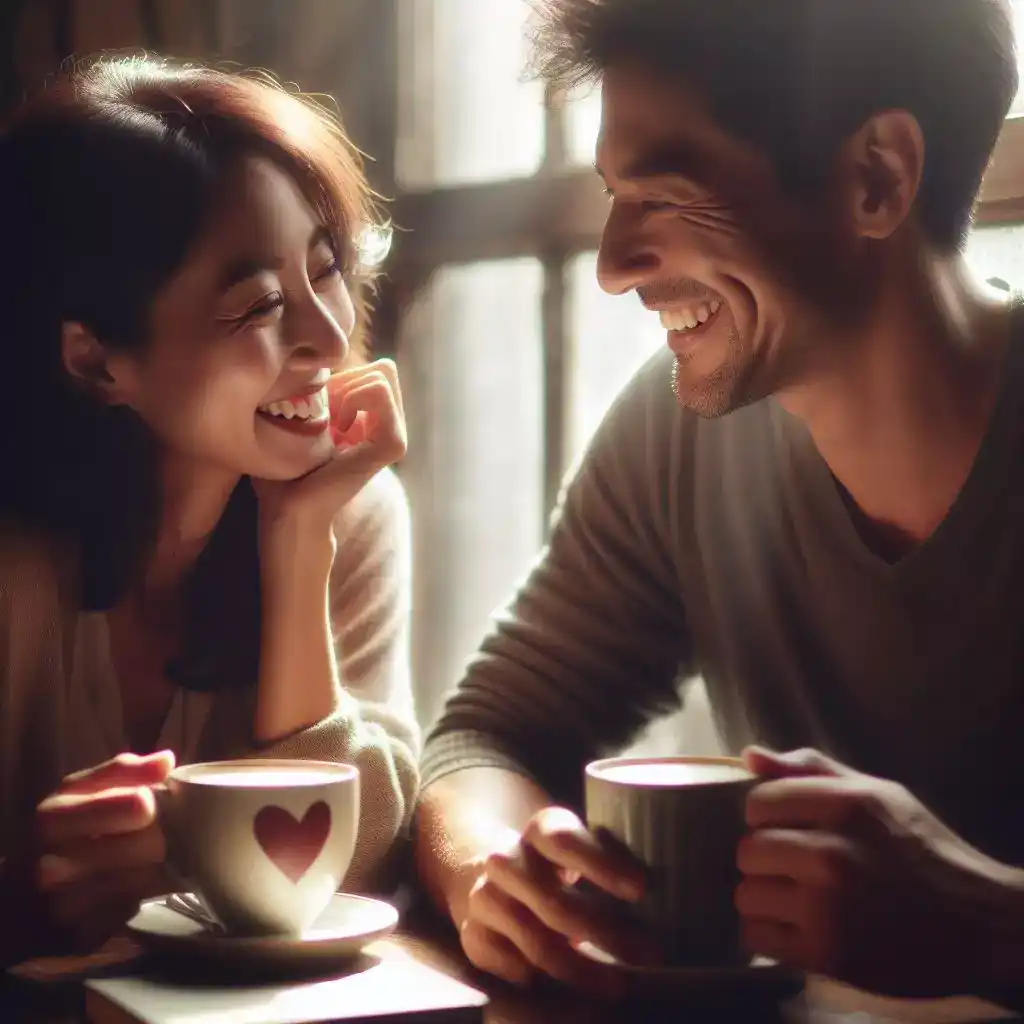 Romantic cafe chat: Couple enjoys coffee & flirty dialogue. AI helps write natural romance conversations.