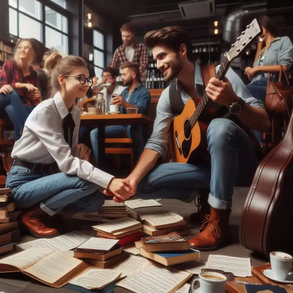 Coffee shop romance: Shy librarian bumps into charming musician. AI inspires meet-cute dialogue for love stories.