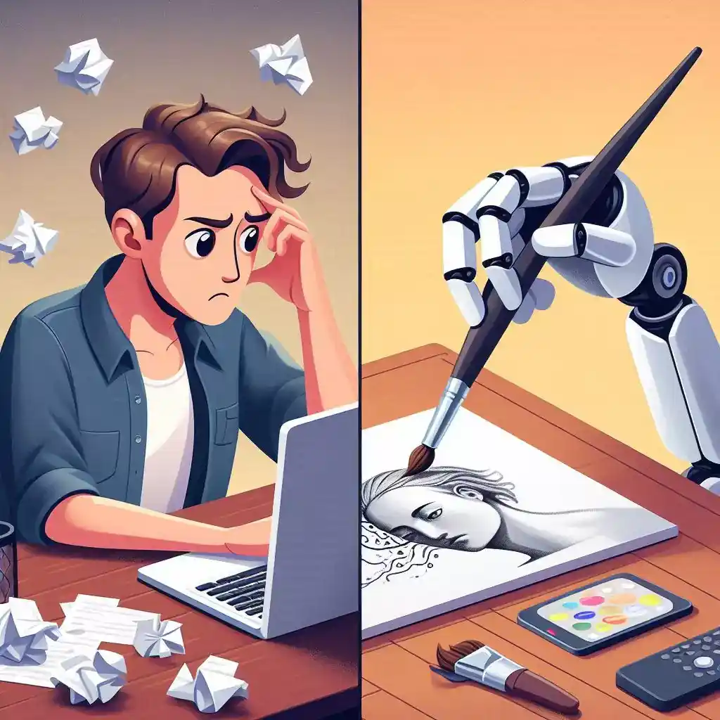 Split image. Left: Frustrated student struggling with plagiarism. Right: Robot arm painting, representing AI-generated content.