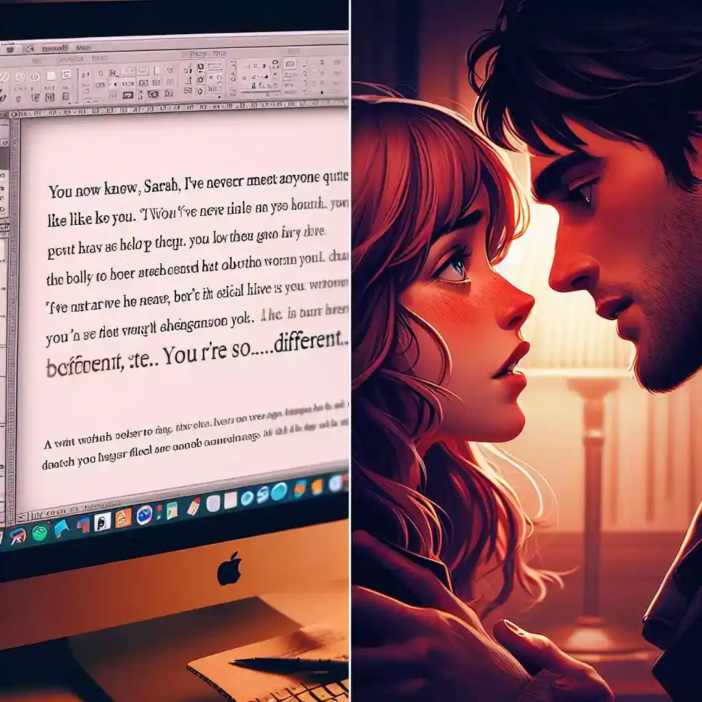 Text editor shows romance scene, illustration displays emotional connection between characters.