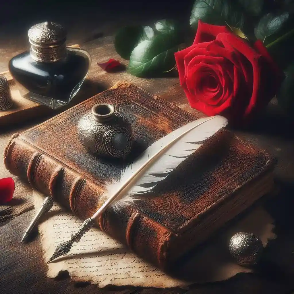 Vintage writing tools (quill pen, book) with red rose and locket inspire a captivating romance novel.