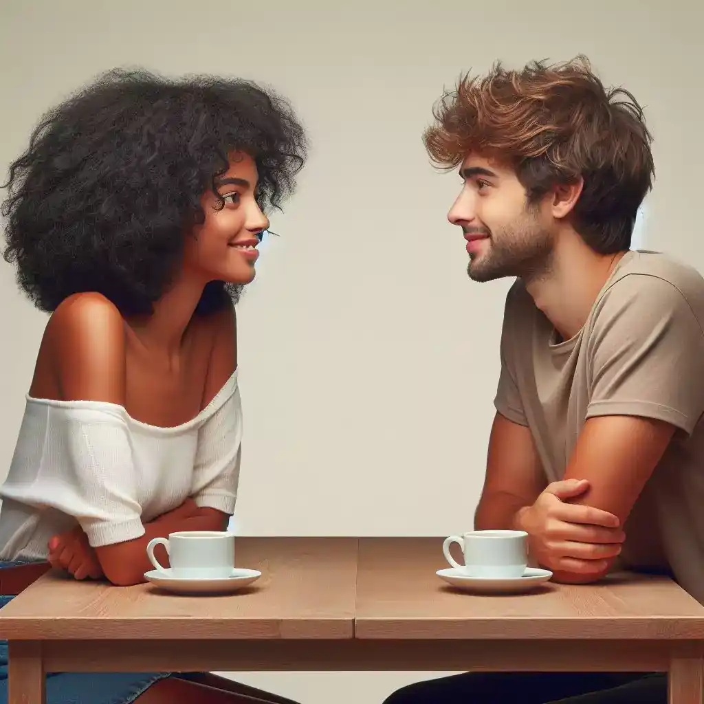 Two people from different cultures sit at a table, talking and laughing. Sharing stories, diverse, connection