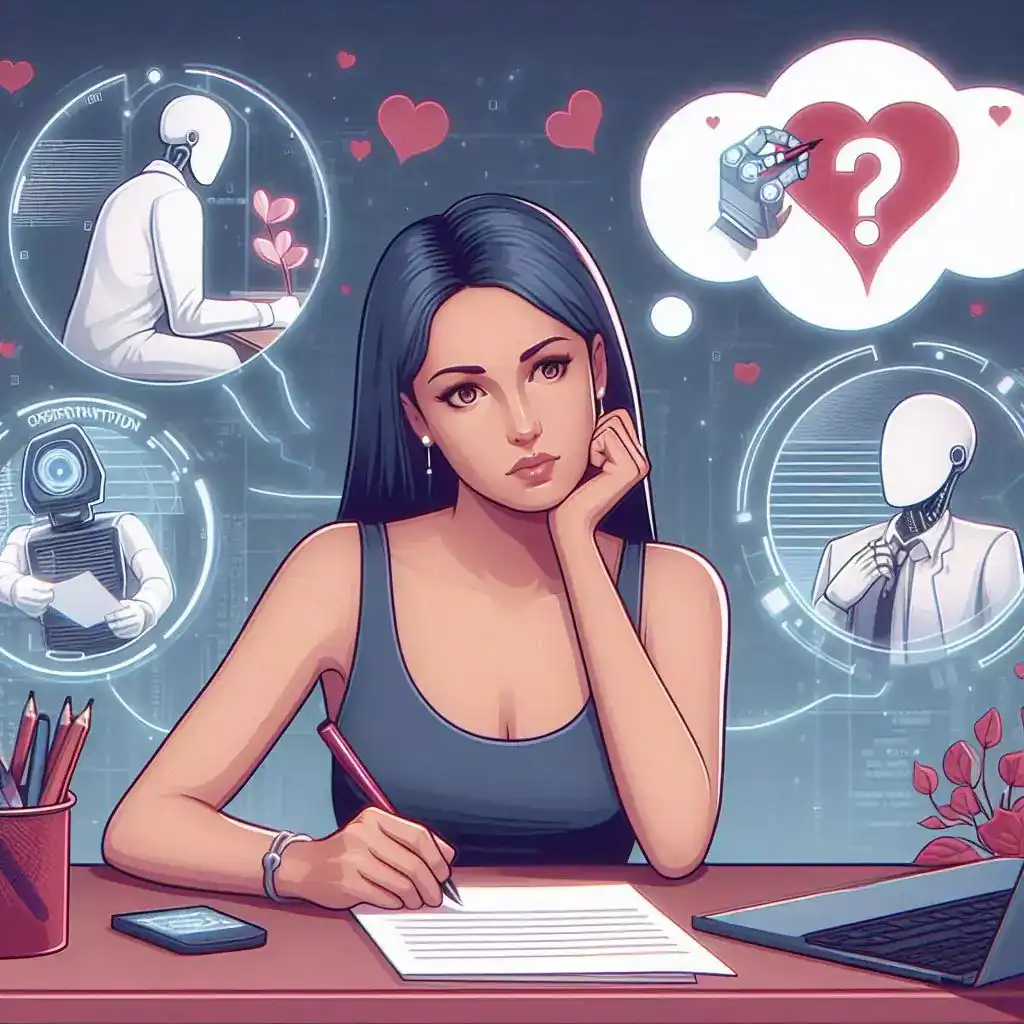 A thoughtful romance writer surrounded by AI writing tools ponders the potential for plagiarism in their work. Illustration of writer's dilemma.