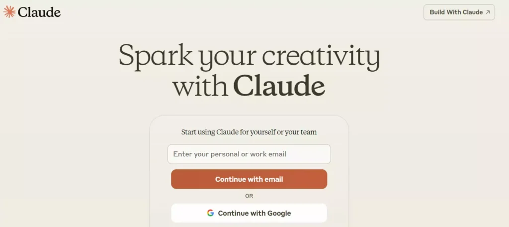Claude homepage showcasing its AI assistant's tagline "Spark your creativity with Claude" and options to start using it by entering an email or signing in with Google.

