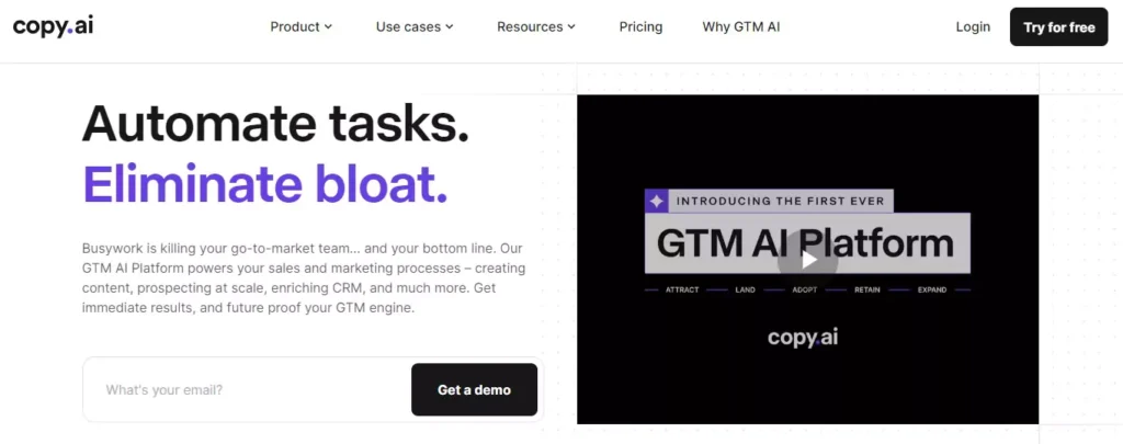 Copy.ai homepage. It offers brainstorming tools, a dialogue generator, and content rewriting features that can assist romance novelists in their creative writing process, despite being primarily marketed for marketing content.