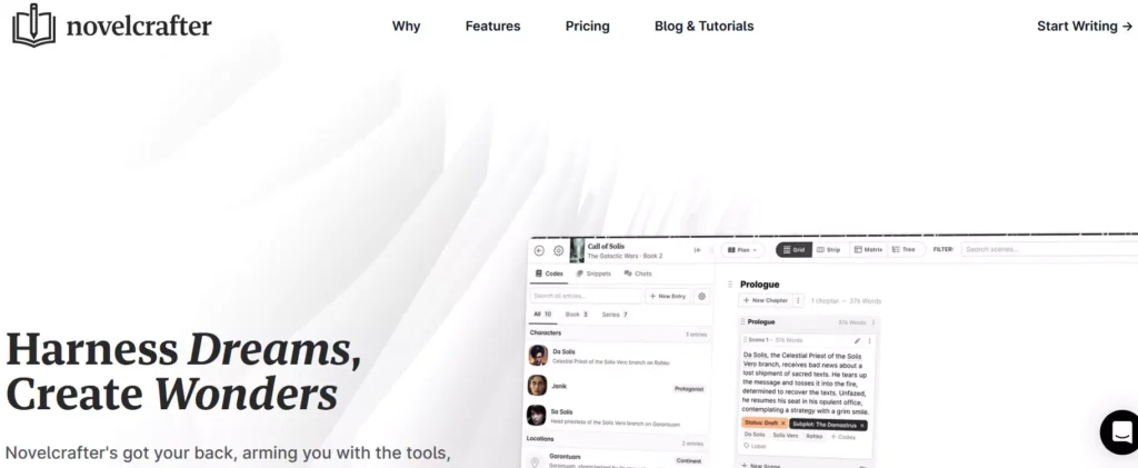 Novelcrafter homepage showcasing their AI writing software's interface