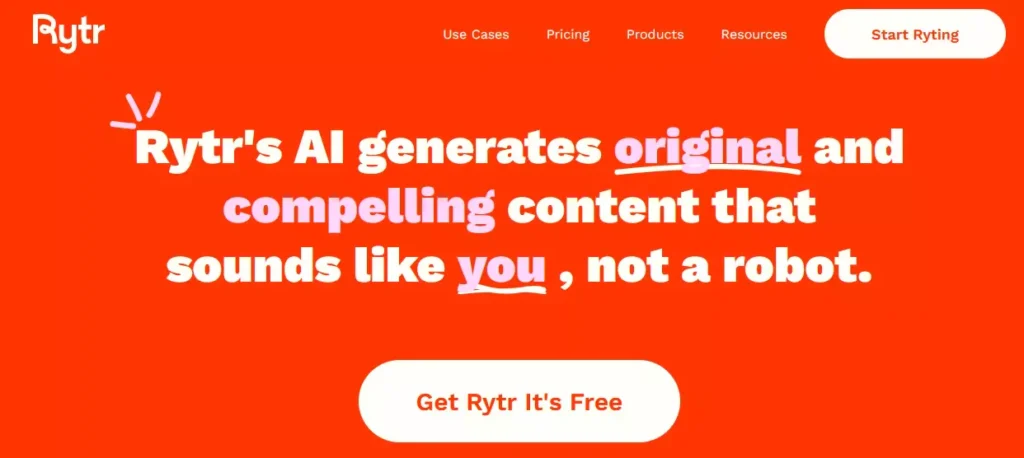 Rytr homepage: AI writing assistant with features like content generation, writing templates, and various use cases for marketing, romance fiction writing, and personal projects.
